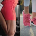 leva strana prikazuje ženu u teretani koja se isteže u belim patikama za trening, desna strana prikazuje noge žene u roze patikama za trčanje na otvorenom