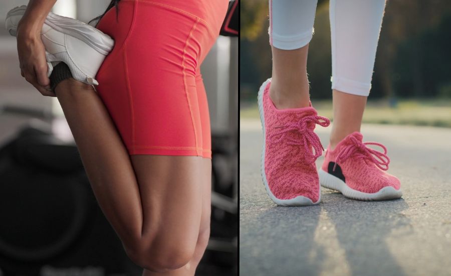 leva strana prikazuje ženu u teretani koja se isteže u belim patikama za trening, desna strana prikazuje noge žene u roze patikama za trčanje na otvorenom